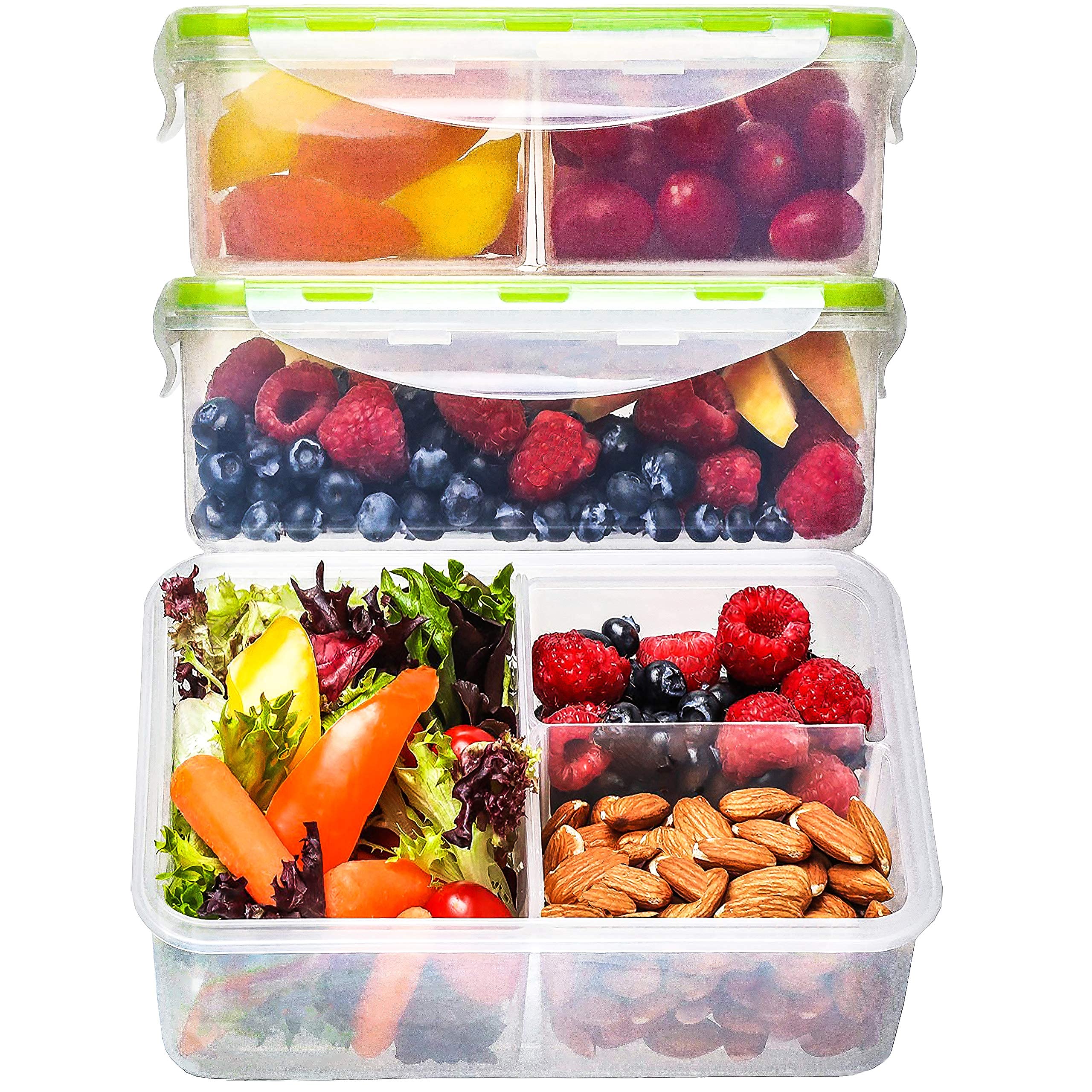 FIT Strong & Healthy bento box with three compartments showing organized meal portions.