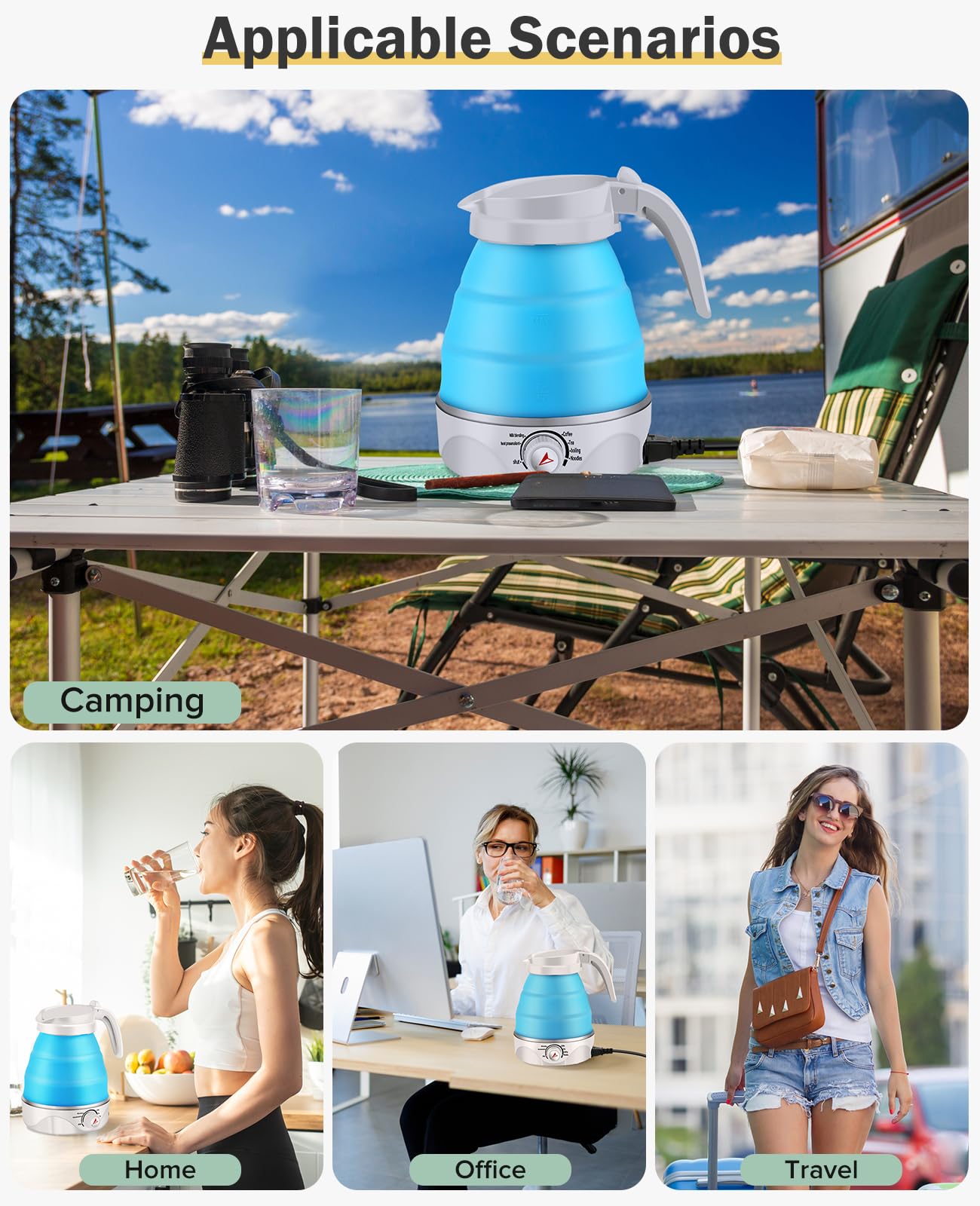 FIVECUBS blue kettle compactly stored for travel use
