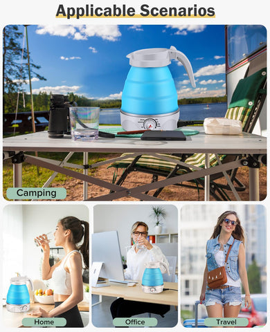 FIVECUBS blue kettle compactly stored for travel use