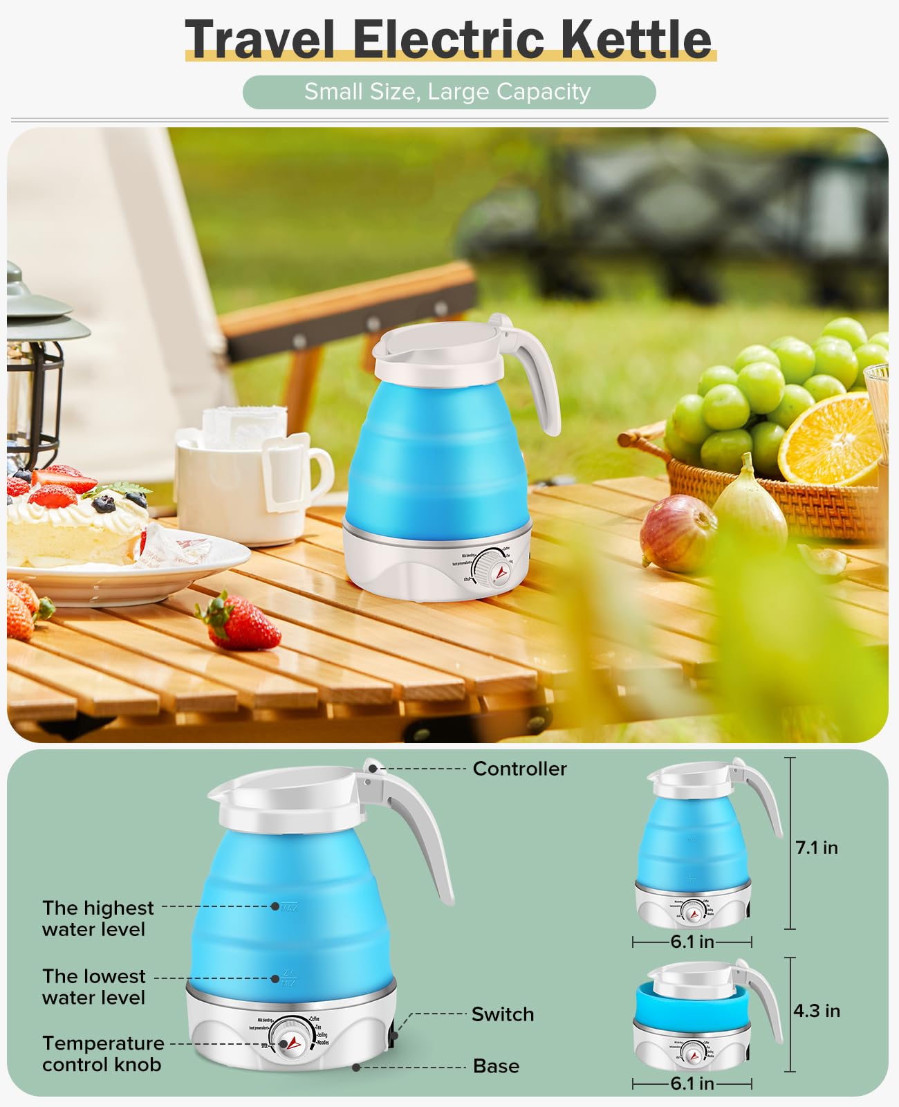 FIVECUBS blue kettle unfolded and ready to boil for travel