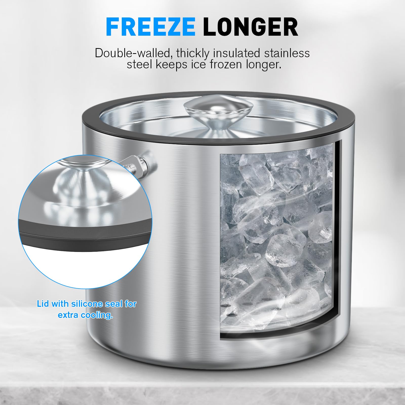 FiveHome double-wall stainless steel ice bucket design minimizes condensation