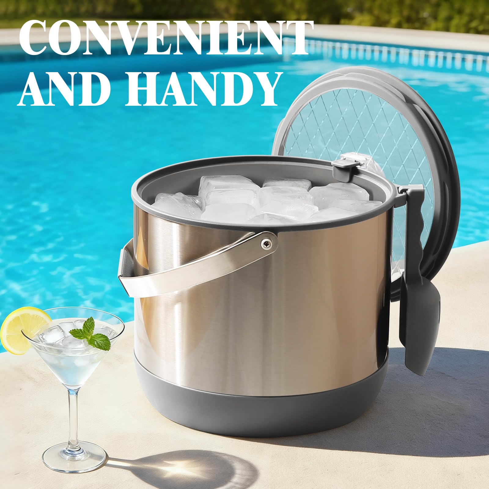 FiveHome BPA-free condensation-free ice bucket keeps surfaces clean.
