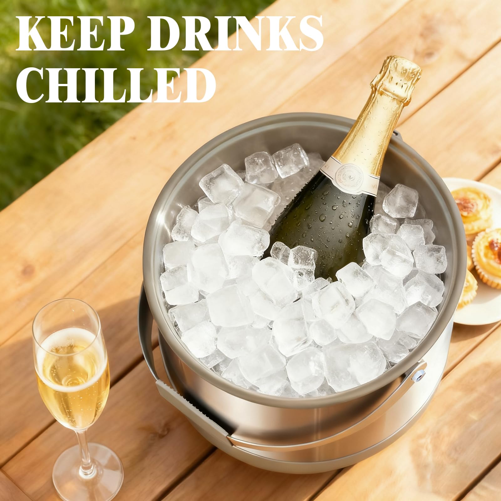 FiveHome ice bucket features double-wall insulation to keep beverages chilled longer.