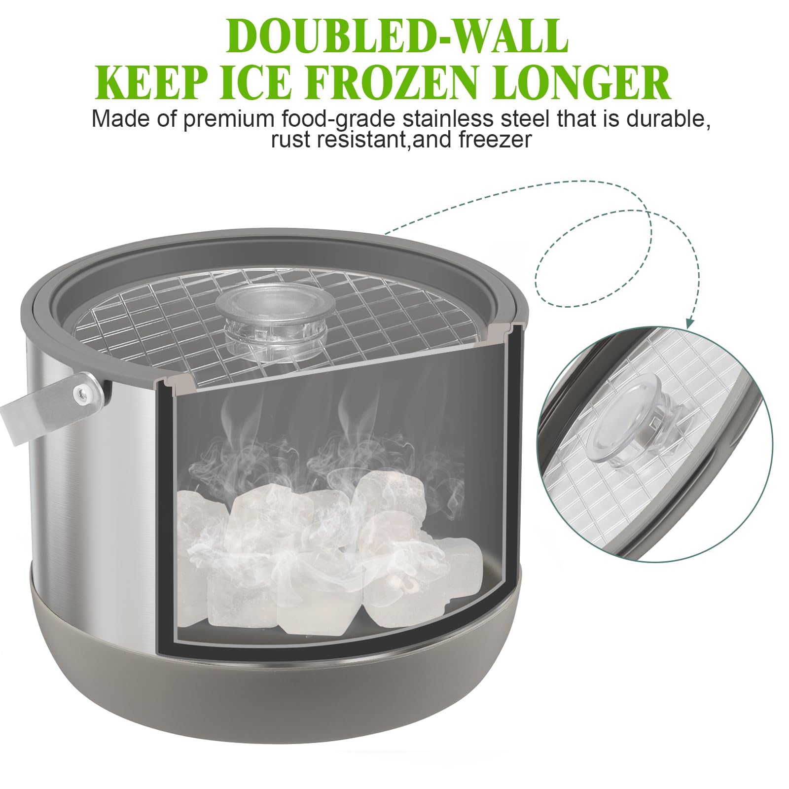 FiveHome ice bucket has silicone handles for secure transport.