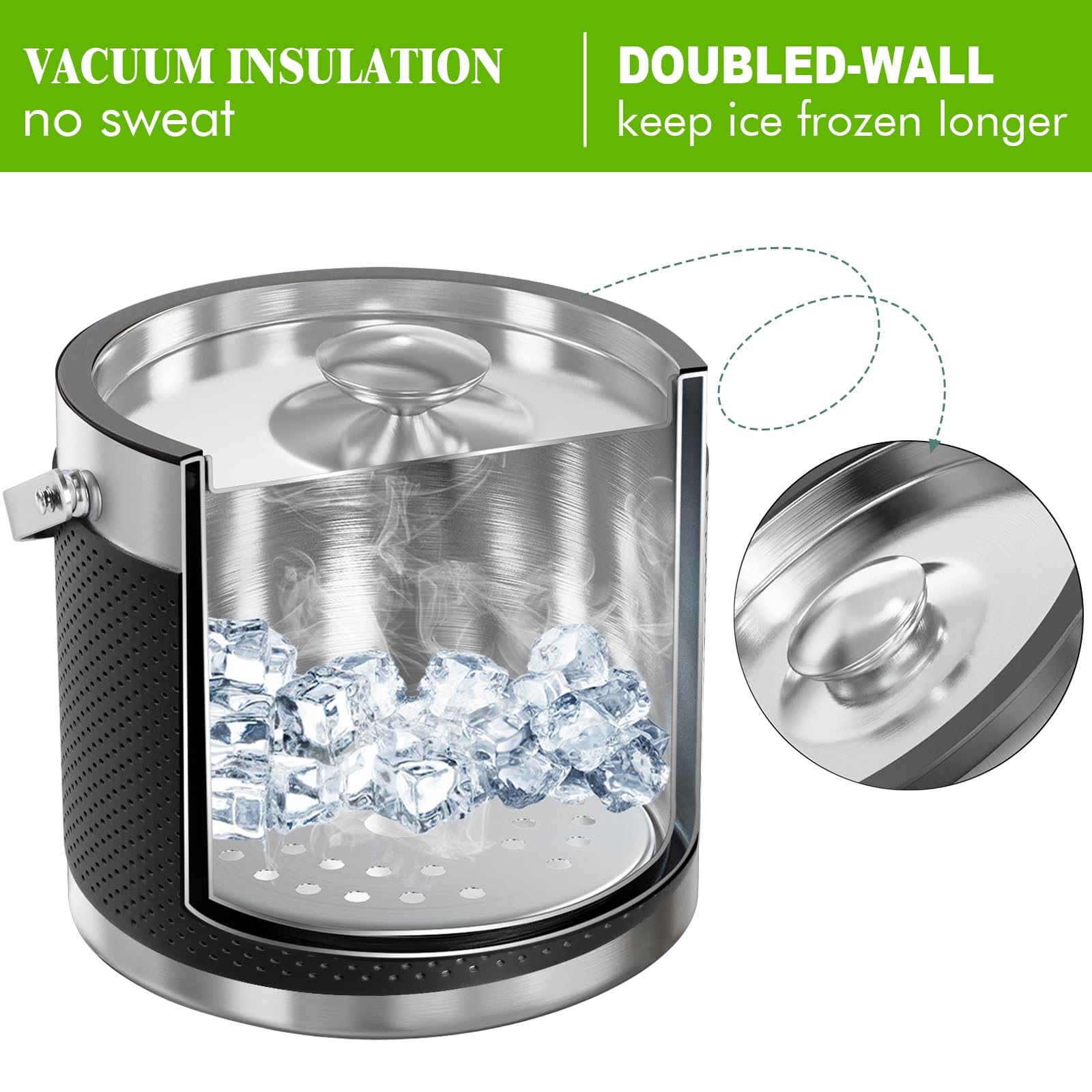 FiveHome integrated ice scoop hangs securely for quick serving.