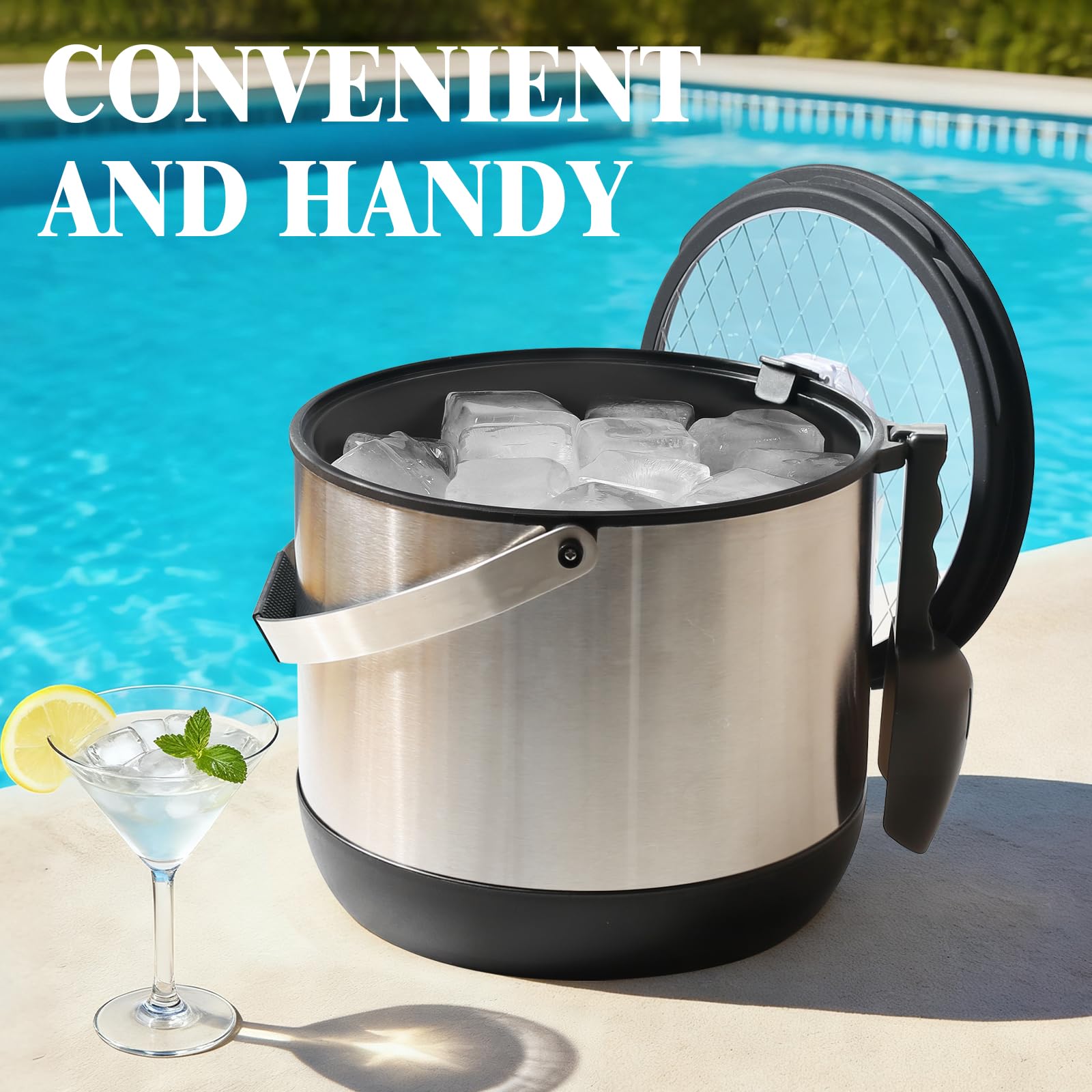 FiveHome portable ice bucket setup at a backyard party.