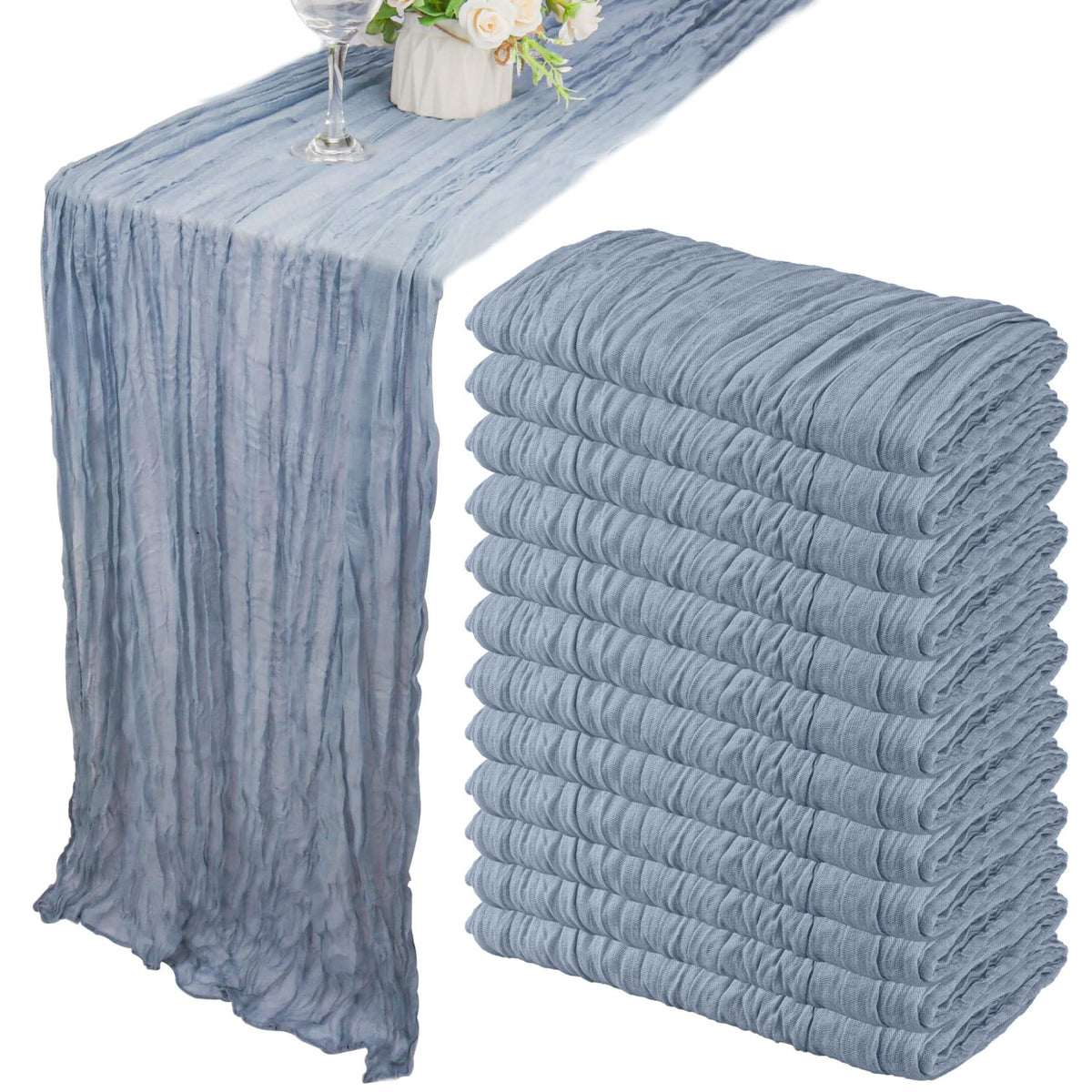 Fivenl dusty blue cheesecloth table runner with soft drape for elegant wedding tables