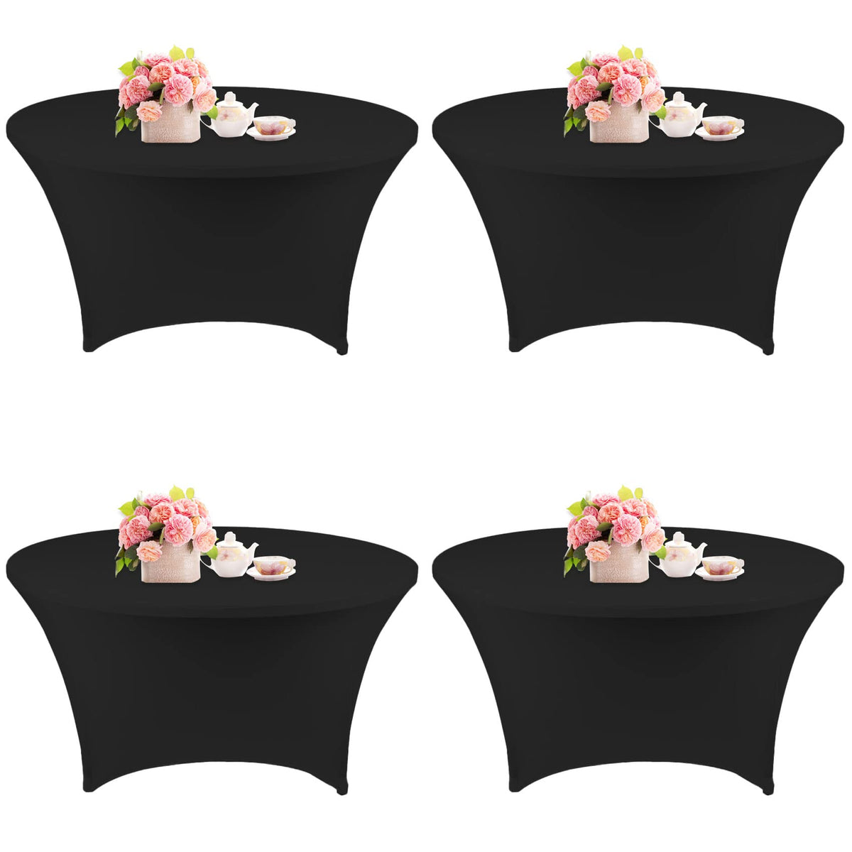 Fivenl four-pack round spandex tablecloths in black package for quick setup