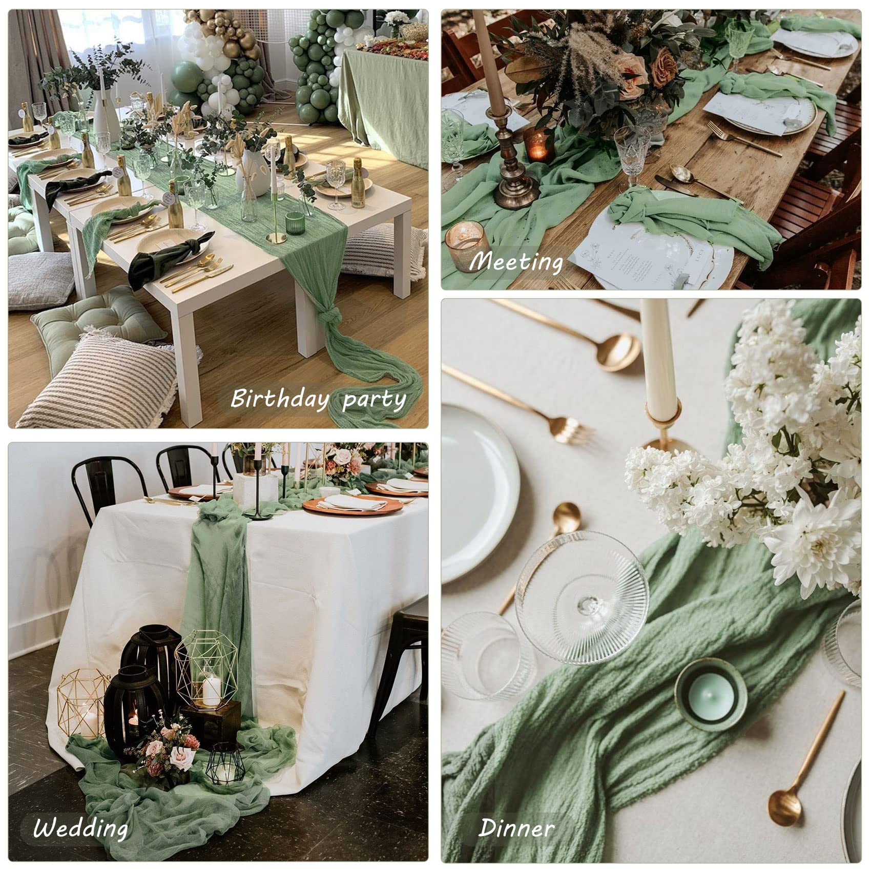 Fivenl wedding decor idea: dusty sage table runner over banquet table