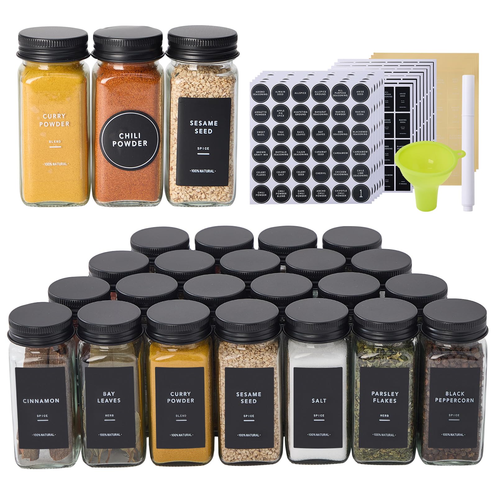 Fiwence 24 glass spice jars assembled for a tidy, visible spice collection.