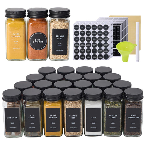 Fiwence 24 glass spice jars assembled for a tidy, visible spice collection.