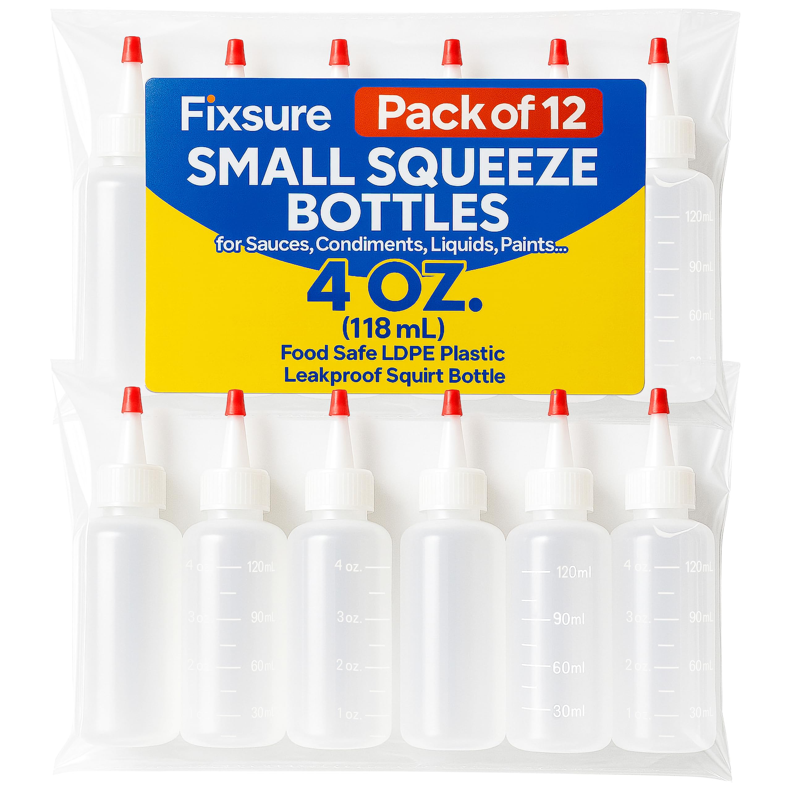 FIXSURE 4 oz squeeze bottle with red tip cap for precise condiment dispensing.