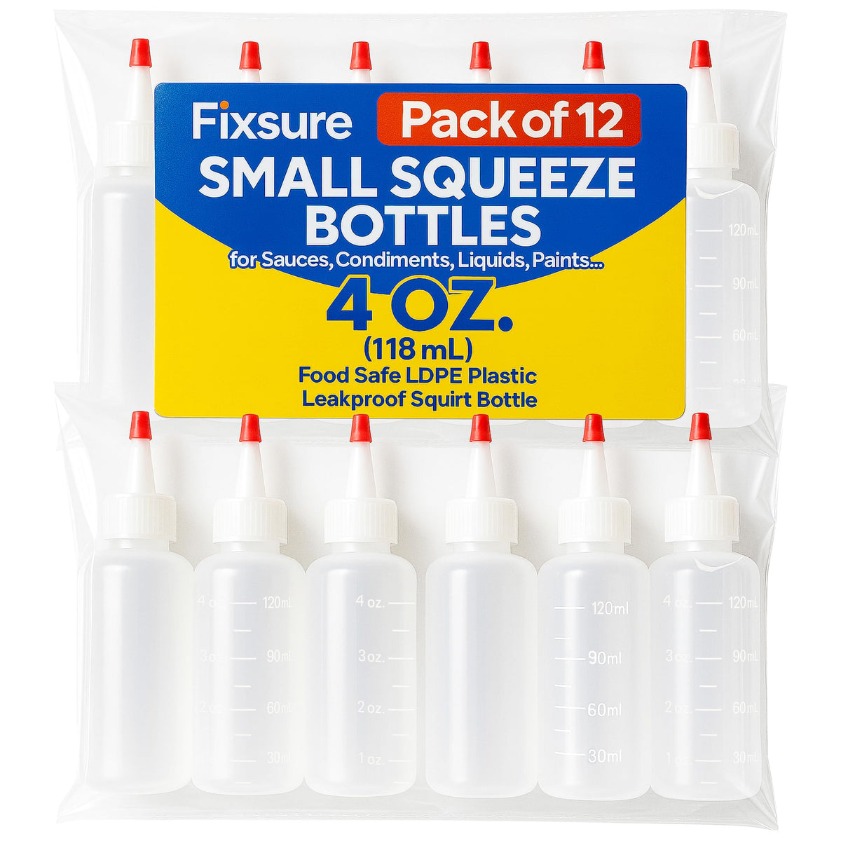 FIXSURE 4 oz squeeze bottle with red tip cap for precise condiment dispensing.