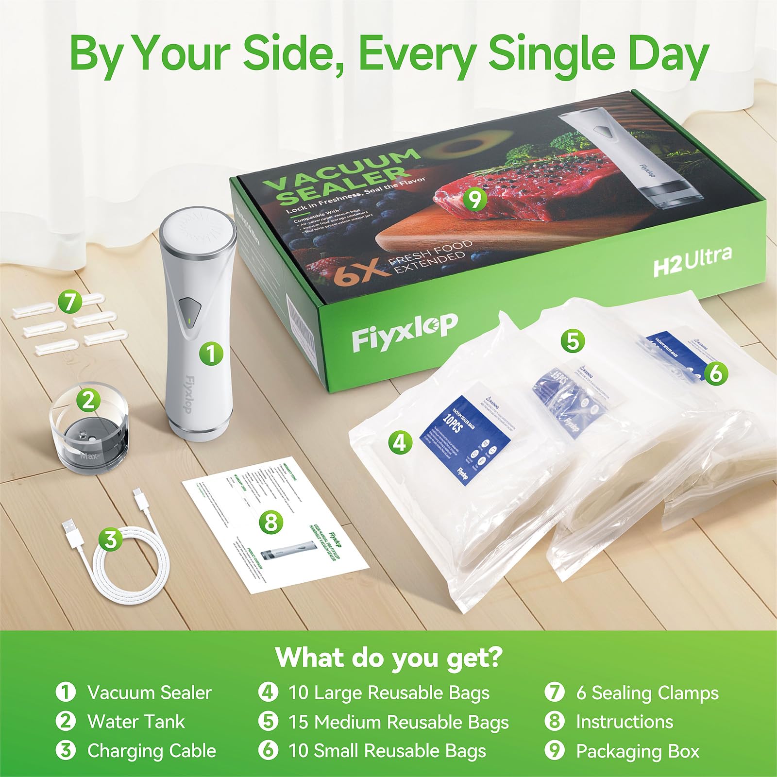 Fiyxlop 45-piece set includes sealer, bags, clamps, and charger.