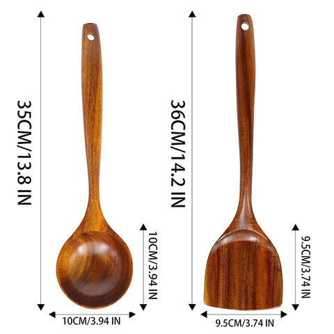 FJNATINH handcrafted teak spatula and ladle on kitchen counter.
