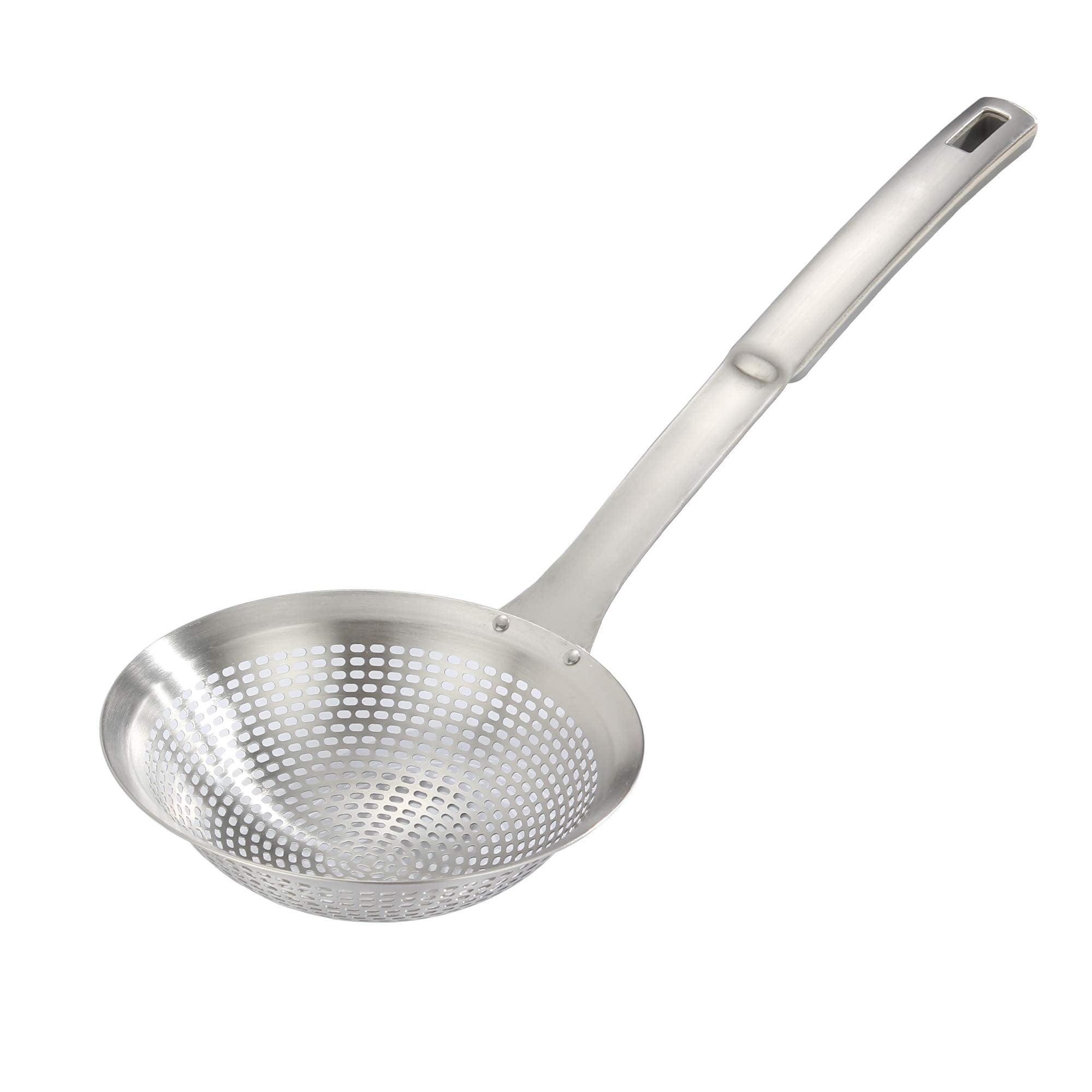 FJNATINH skimmer ladle front view shows durable 304 stainless steel for quick draining.