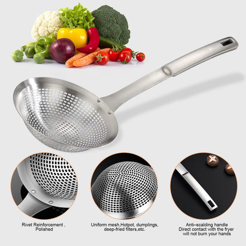 FJNATINH skimmer ladle handle close-up highlights ergonomic grip and heat-resistant design.