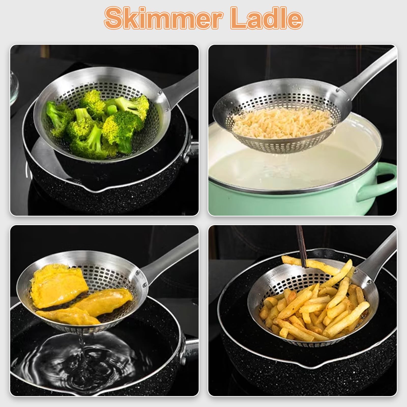 FJNATINH skimmer ladle perforations close-up demonstrates efficient draining without food slipping.