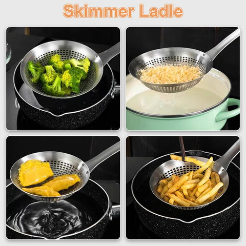 FJNATINH skimmer ladle perforations close-up demonstrates efficient draining without food slipping.