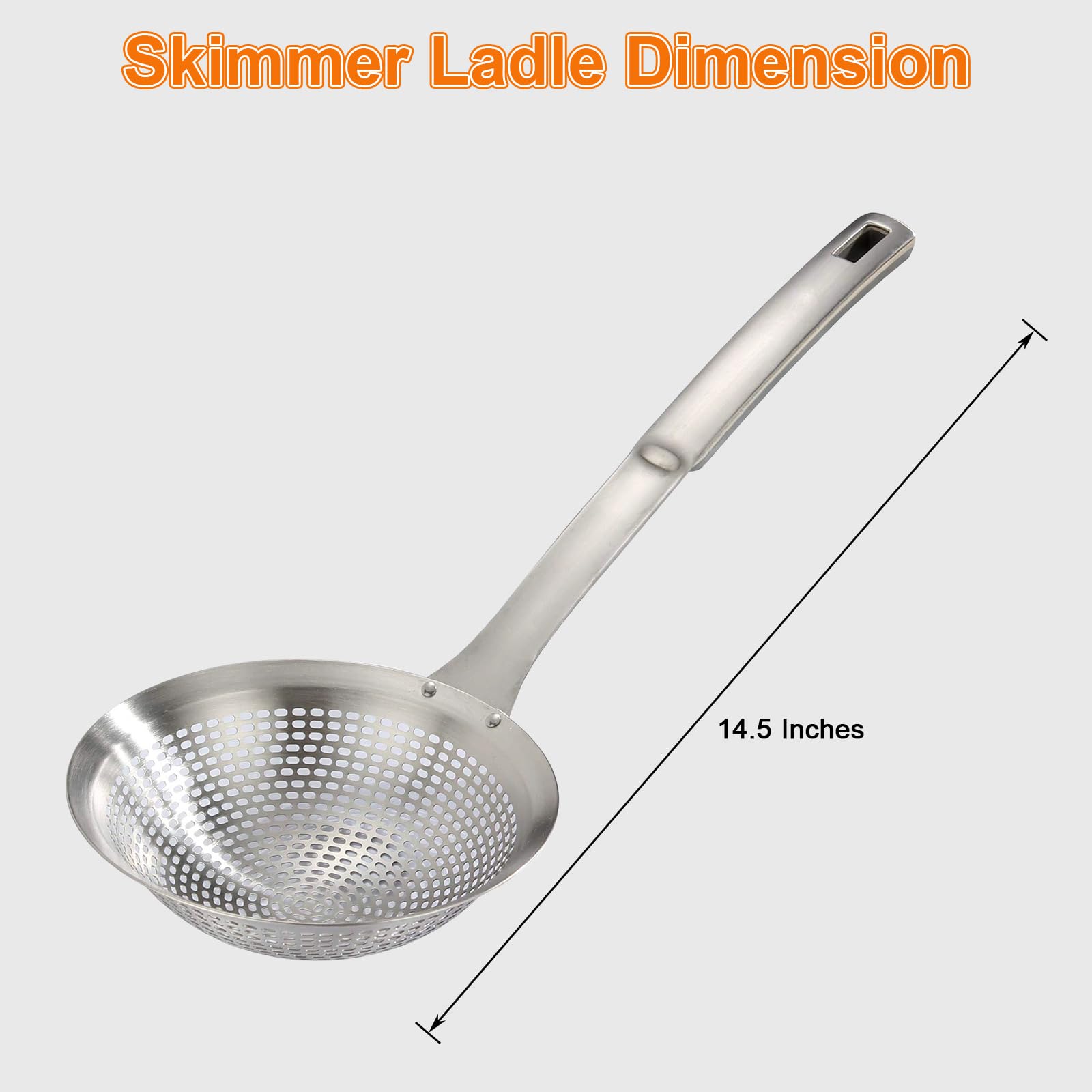 FJNATINH skimmer ladle in action scooping hot oil with safe, sturdy grip.