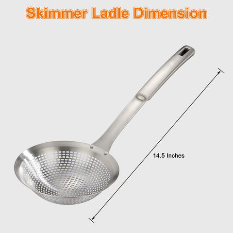 FJNATINH skimmer ladle in action scooping hot oil with safe, sturdy grip.