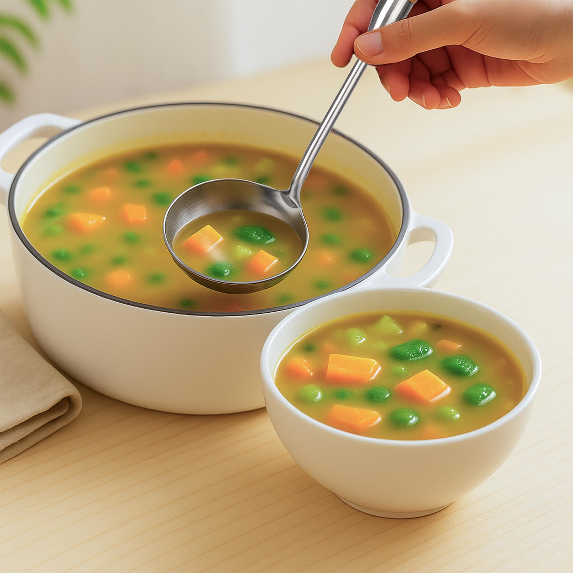 Detail of heat-resistant wooden handle on FJNATINH ladle.