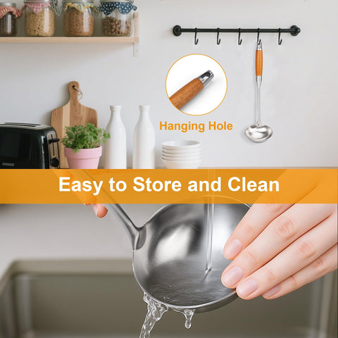 Compact kitchen scene featuring FJNATINH ladle among tools.