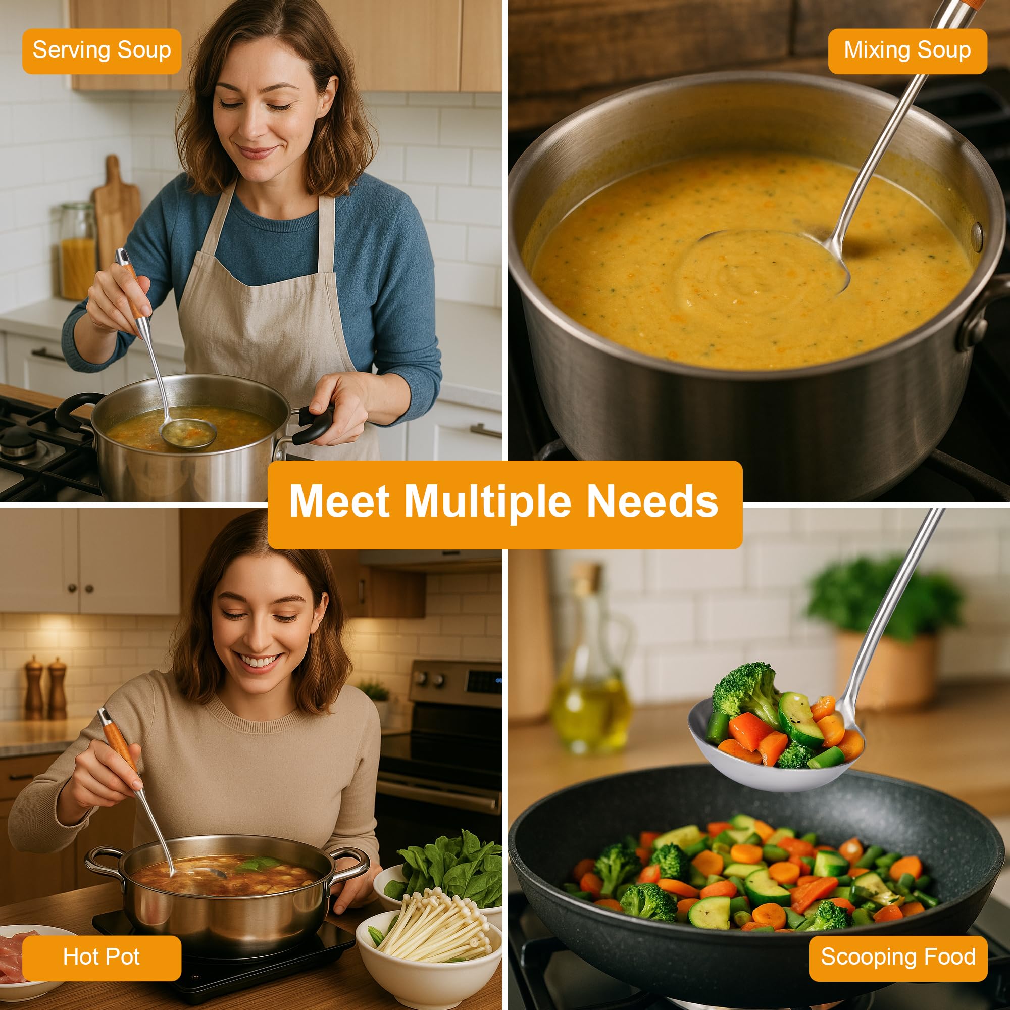 Pouring soup with FJNATINH ladle for smooth, controlled serving.