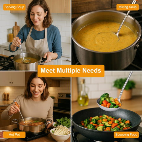Pouring soup with FJNATINH ladle for smooth, controlled serving.