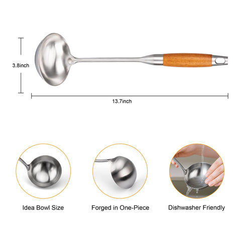 Close-up of FJNATINH ladle showing rust-resistant stainless steel quality.