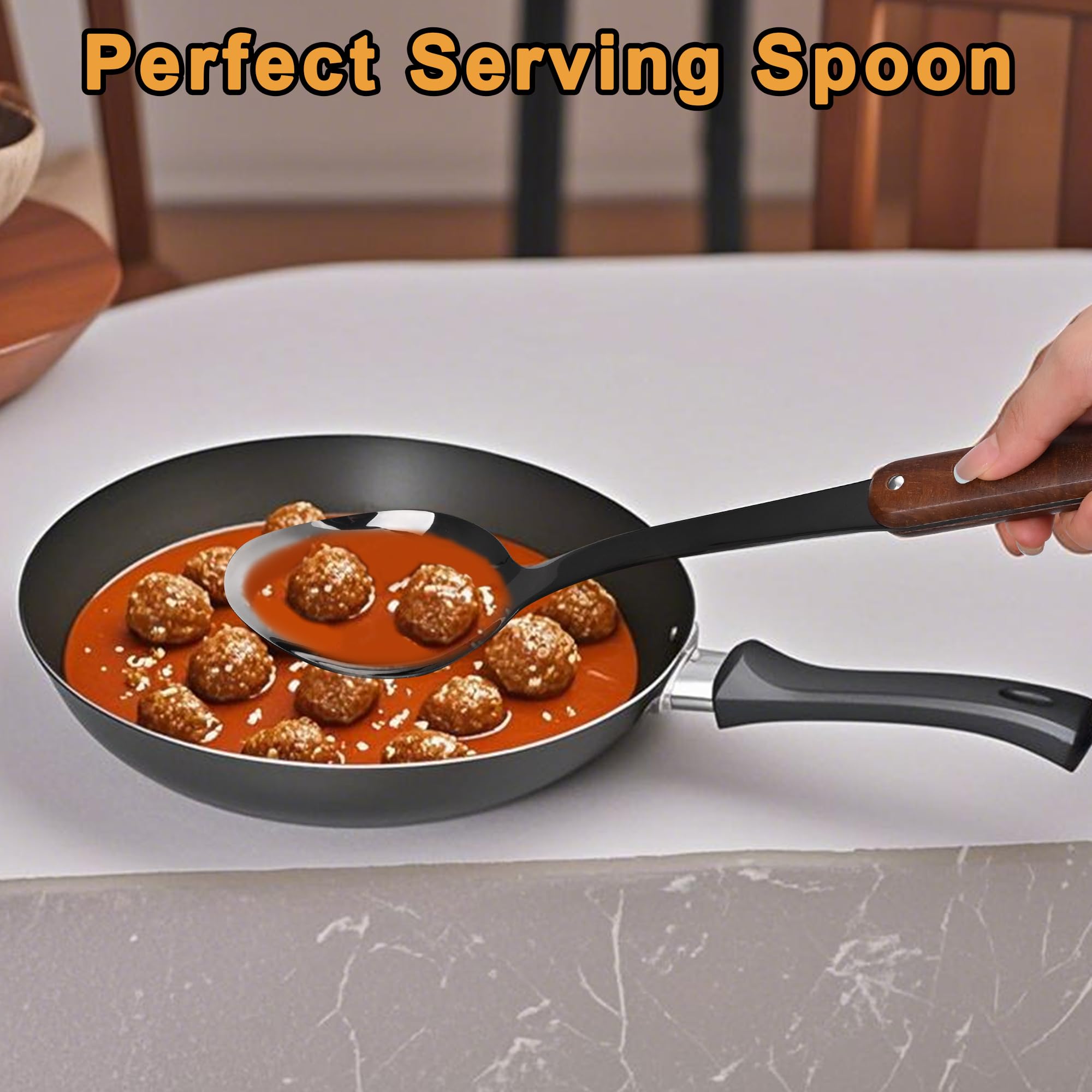 FJNATINH solid spoon with wooden handle for stirring and serving.