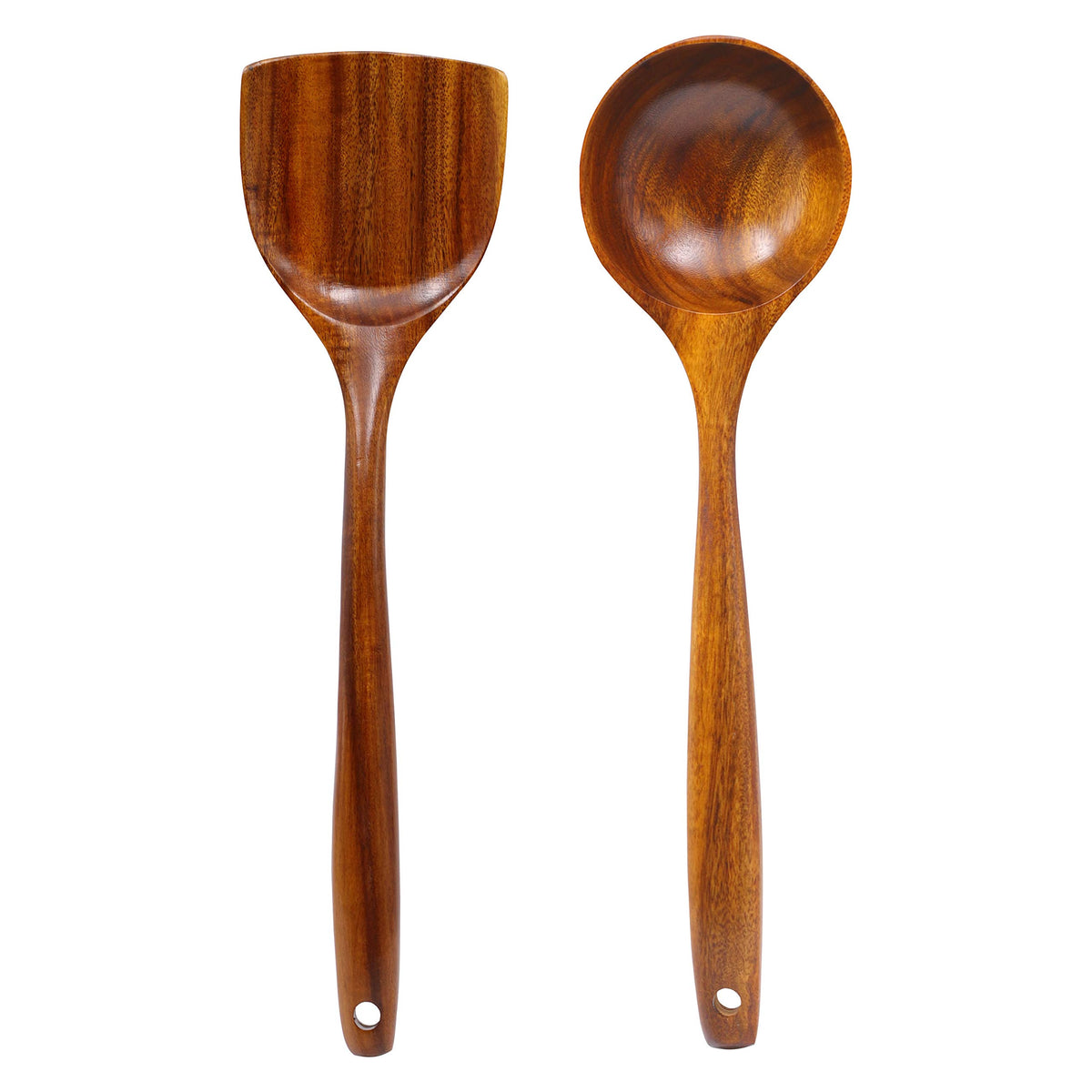 FJNATINH teak wok spatula ladle set in high heat action for stir-frying.
