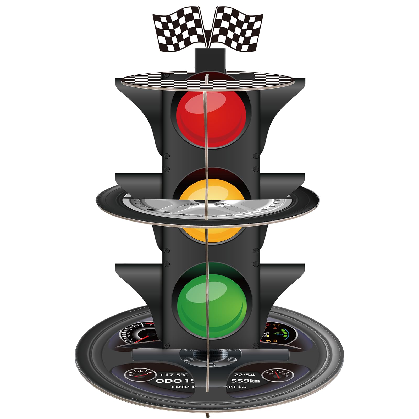 Fjoron 3-tier race car cupcake stand showcases bold dashboard pattern for stylish party desserts.