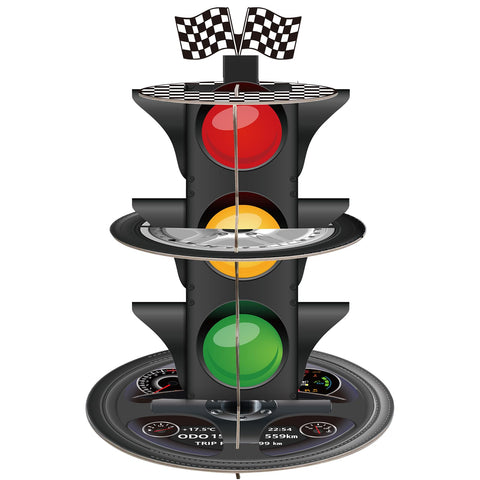 Fjoron 3-tier race car cupcake stand showcases bold dashboard pattern for stylish party desserts.