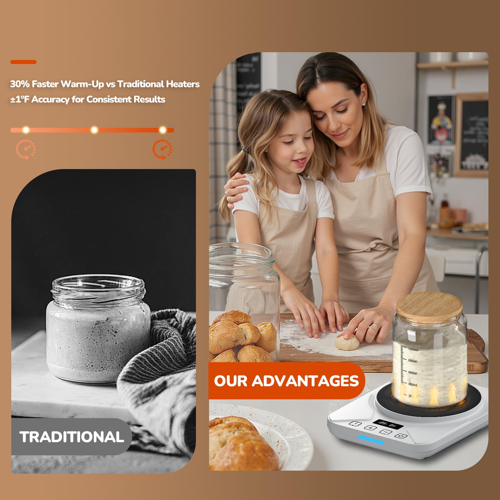 FJR sourdough starter warmer mat displays 70–100°F range for fermentation.