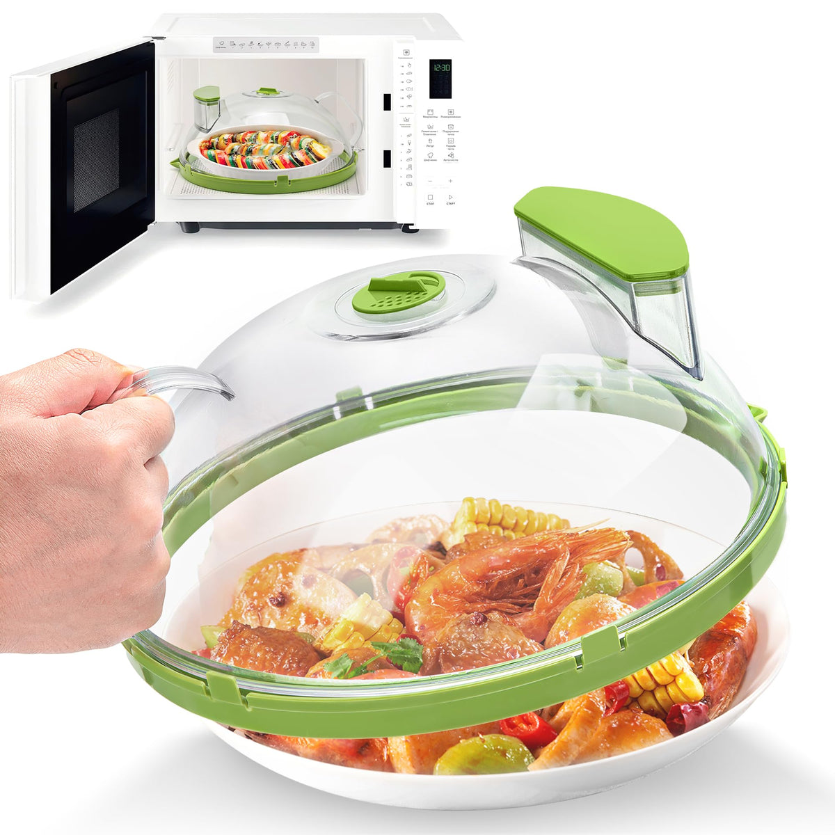 Fkprorjv microwave splatter cover with steam function visible on plate, keeps moisture and prevents mess.