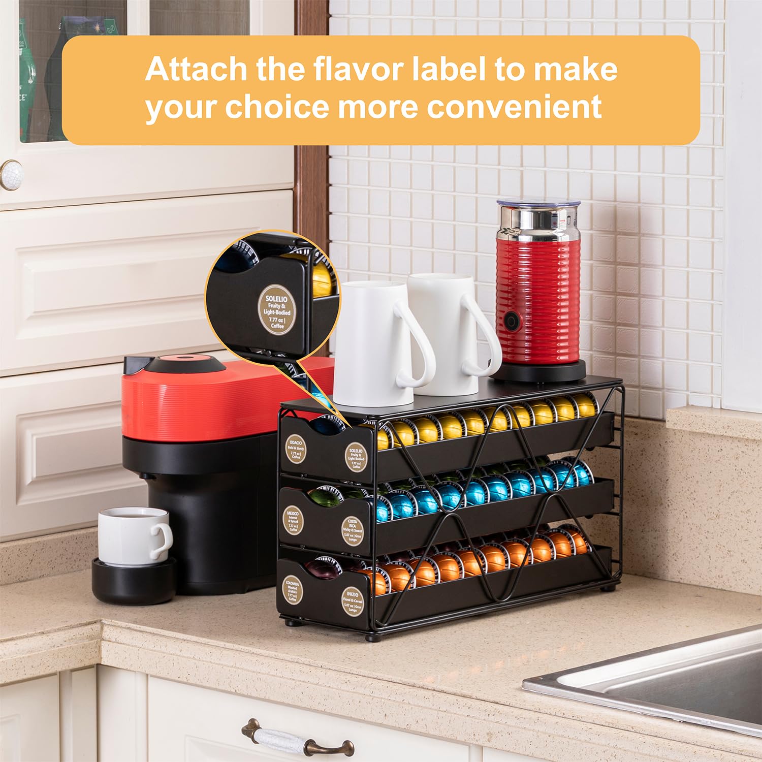 FlagShip compact footprint: fits small counters while maximizing Vertuo pod capacity.