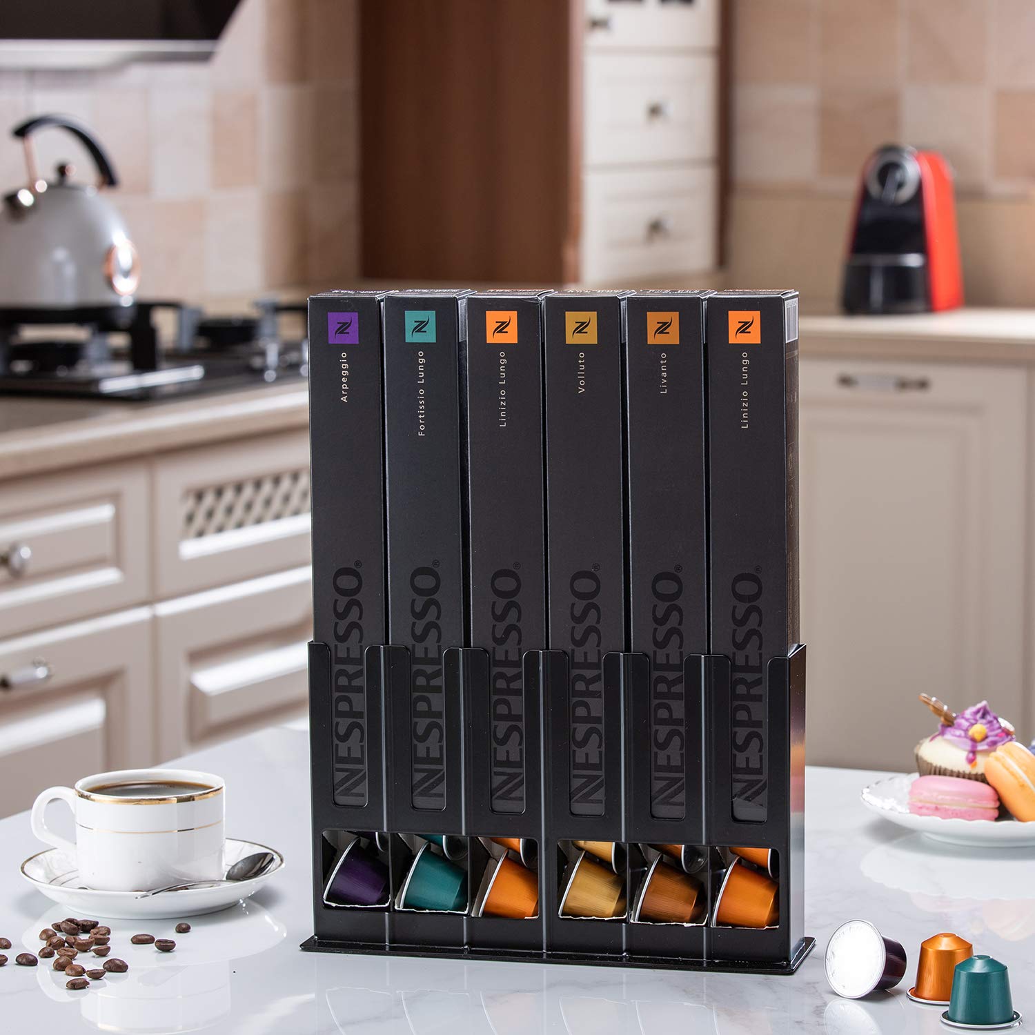 FlagShip Nespresso OriginalLine pod storage keeps capsules neatly arranged on the counter.