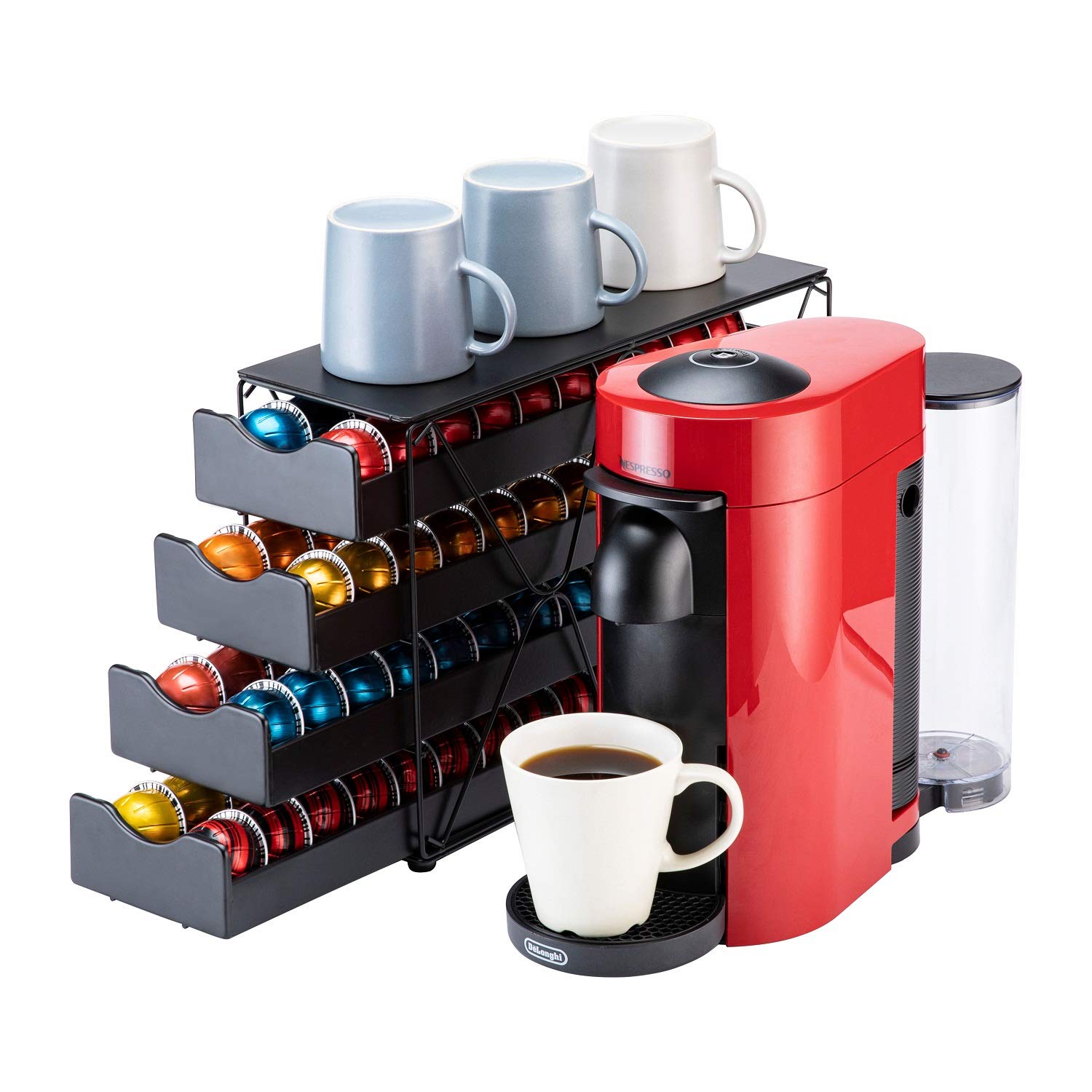 FlagShip Nespresso pod drawer front view showing compact 4-tier storage for Vertuo capsules