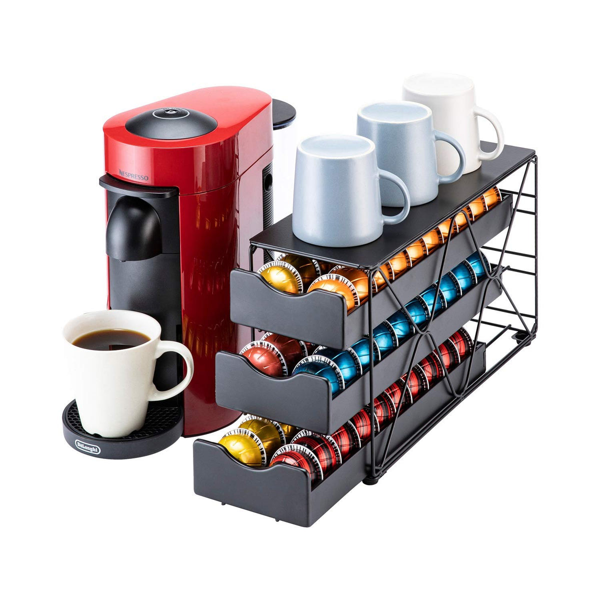 FlagShip Vertuo pod drawer three-tier organizer holding 60 capsules for quick selection.