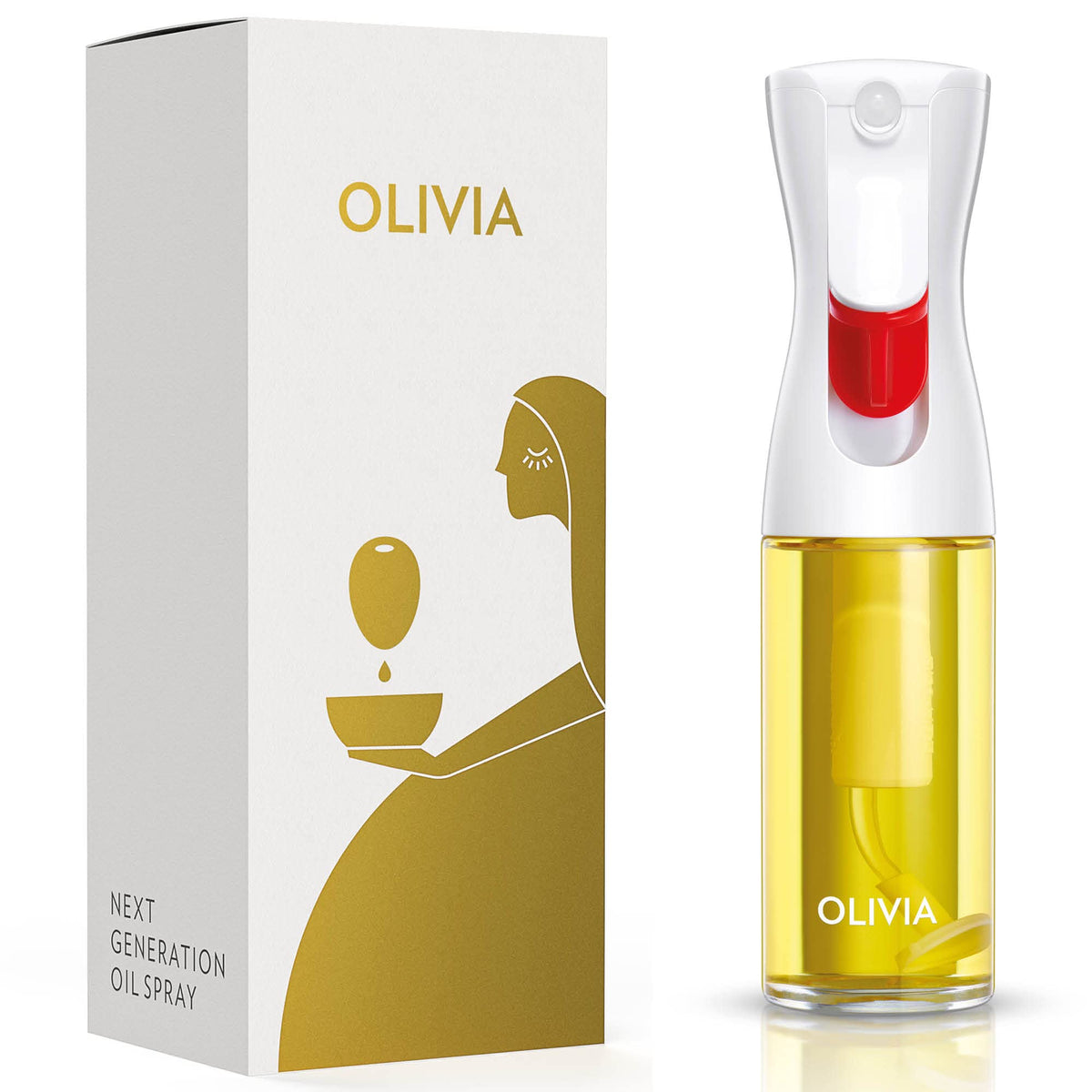 FLAIROSOL OLIVIA 130ml glass sprayer shown on counter for precise oil control and easy use
