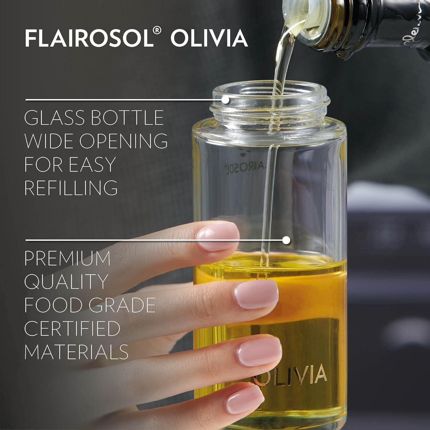 FLAIROSOL Olivia anti-drip trigger keeps oil off countertops.