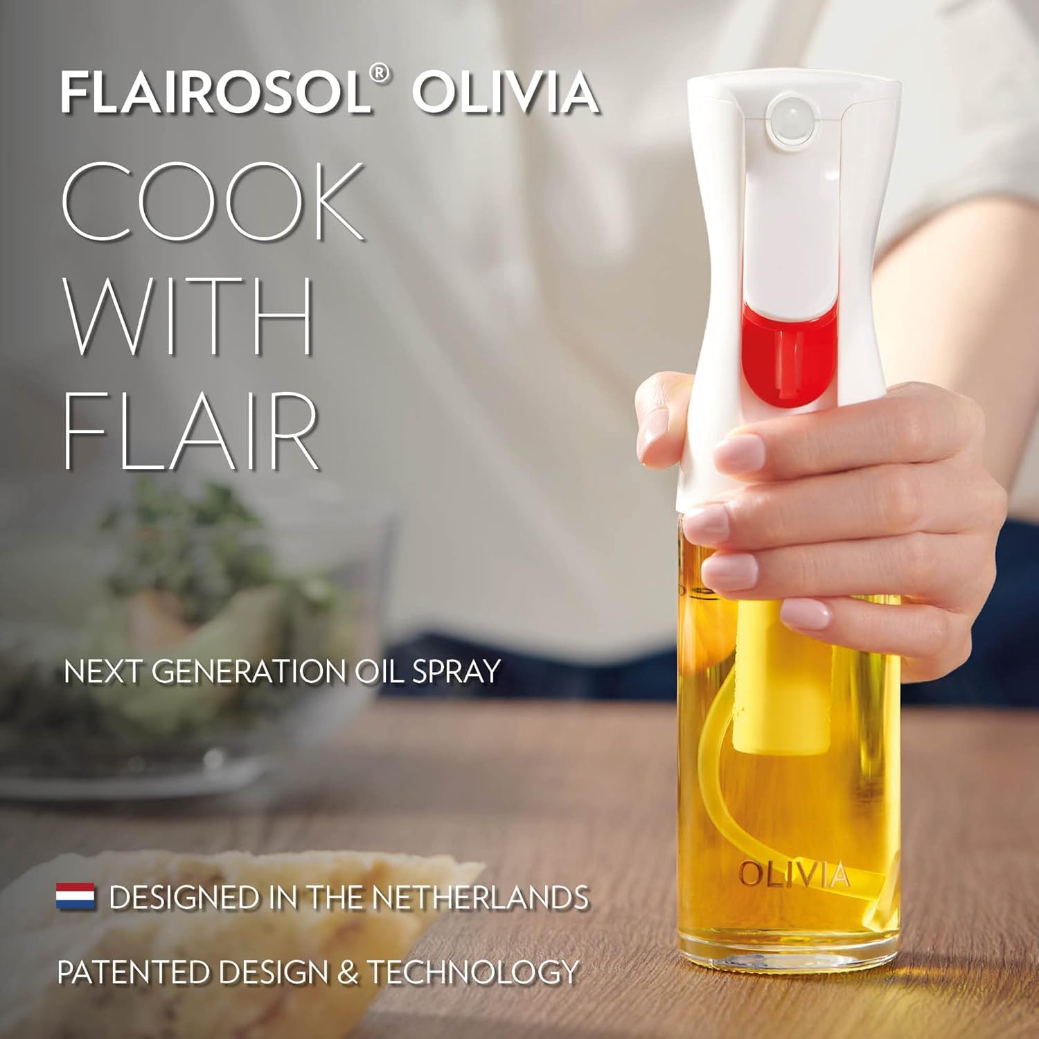 FLAIROSOL Olivia refill-friendly design supports versatile cooking liquids.