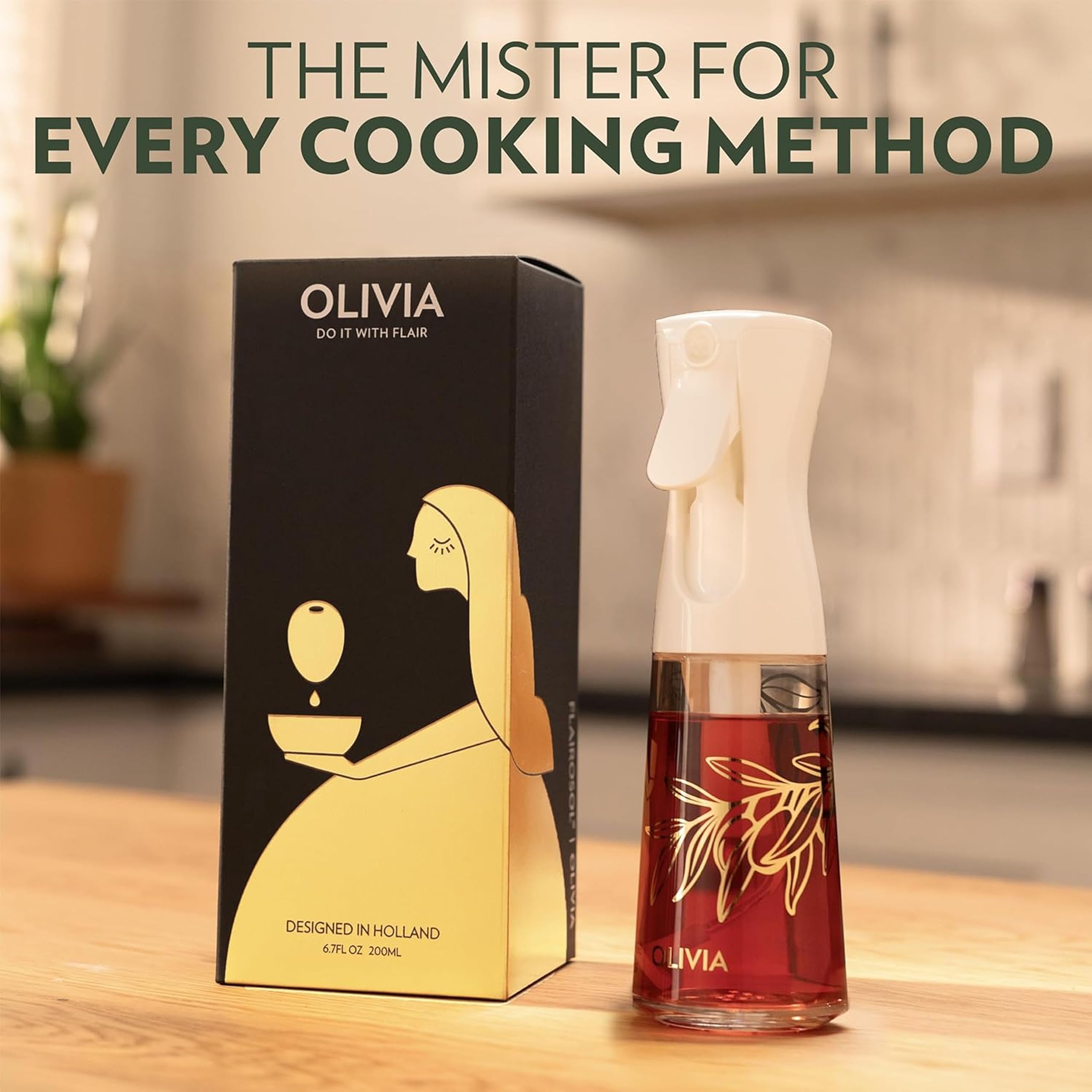 FLAIROSOL Olivia fan-spray nozzle delivers ultra-fine mist for controlled portions.