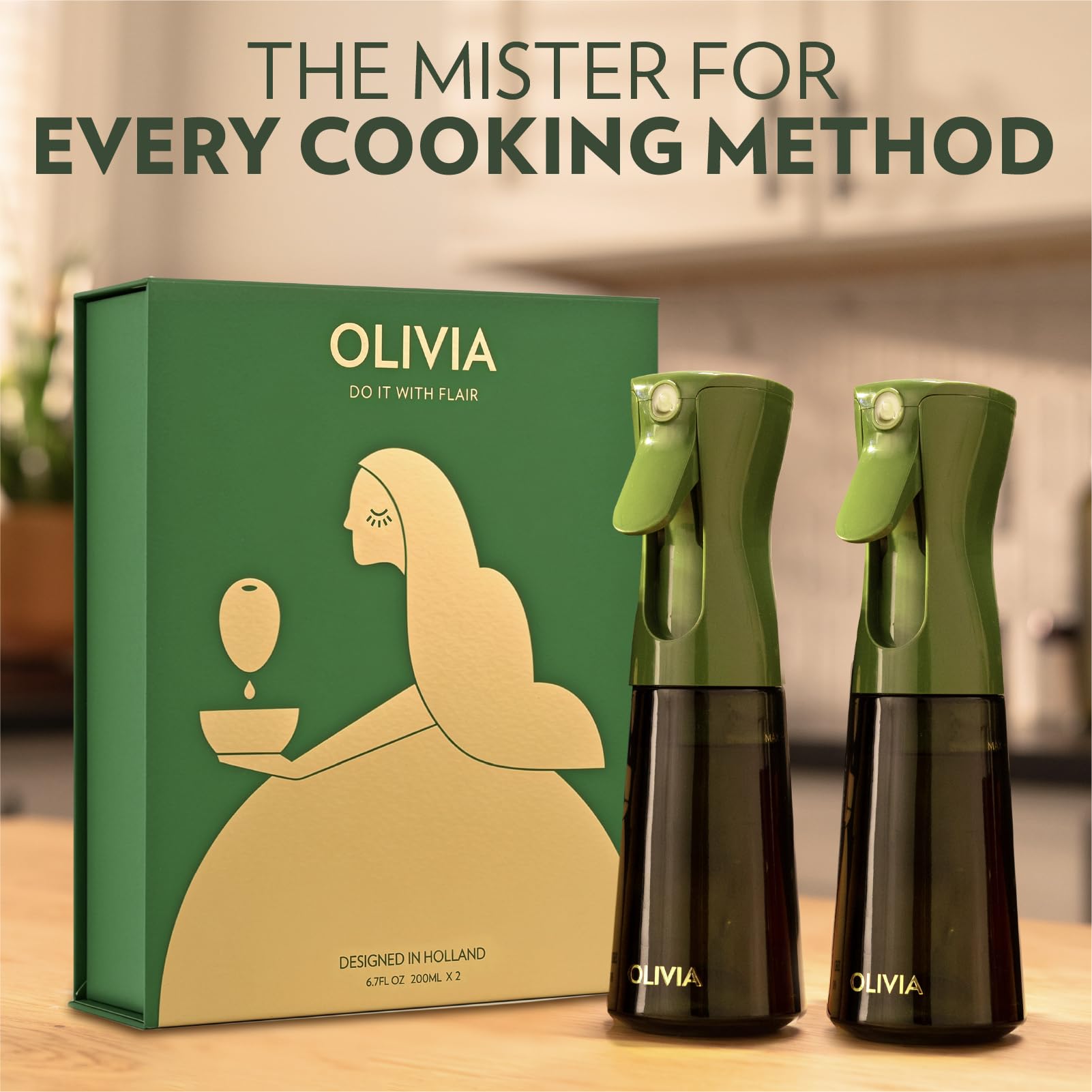 FLAIROSOL Olivia green glass bottle shows premium, mess-free cooking spray