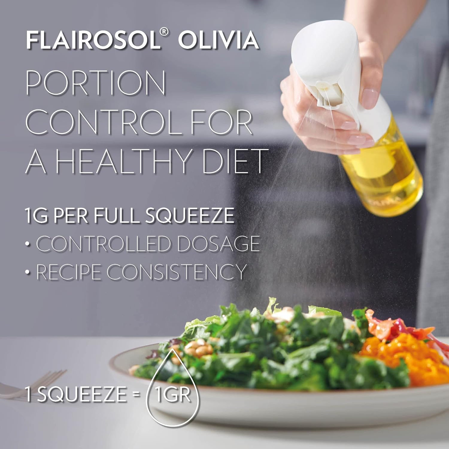 FLAIROSOL OLIVIA pouring olive oil to achieve controlled drizzle.