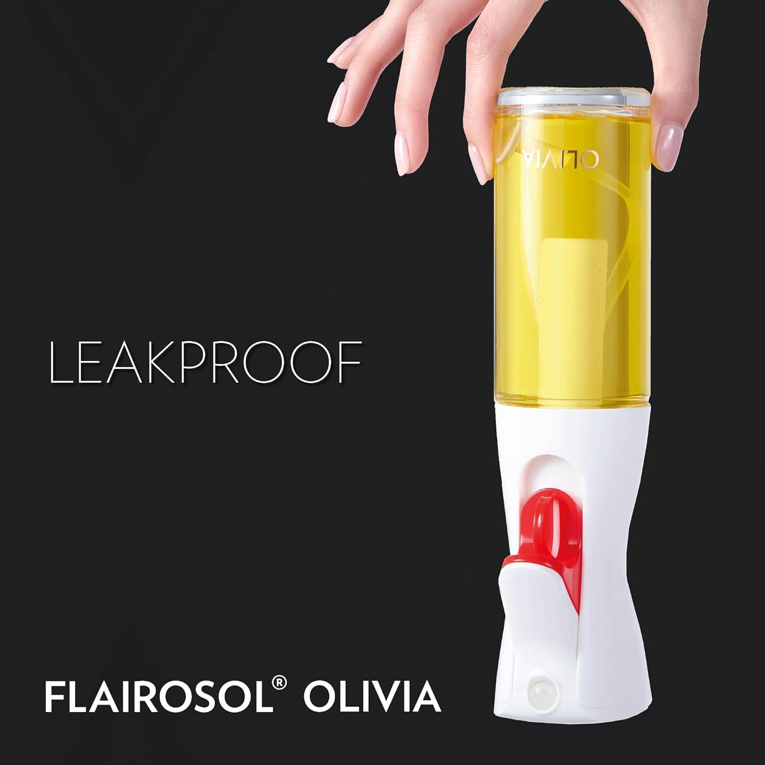 FLAIROSOL Olivia spray dispense demonstrates controlled portions for calorie-conscious cooking.