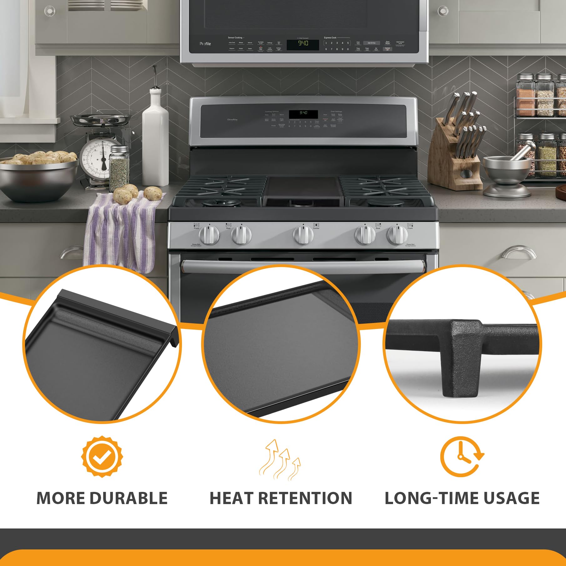FlameDuty even-heat cast iron griddle ensures uniform cooking.