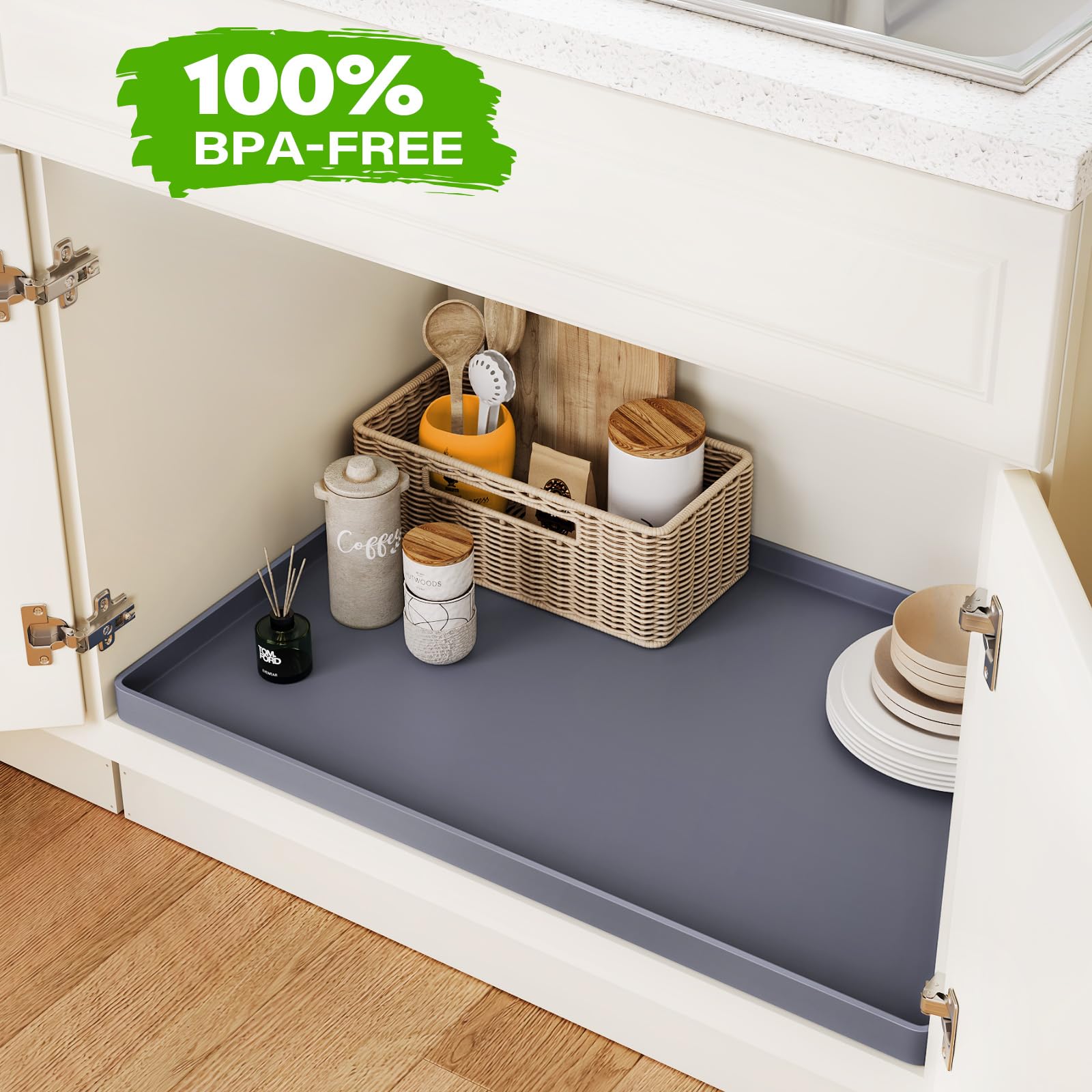 FLATO easy-clean under sink mat; wipe or rinse to remove liquids.