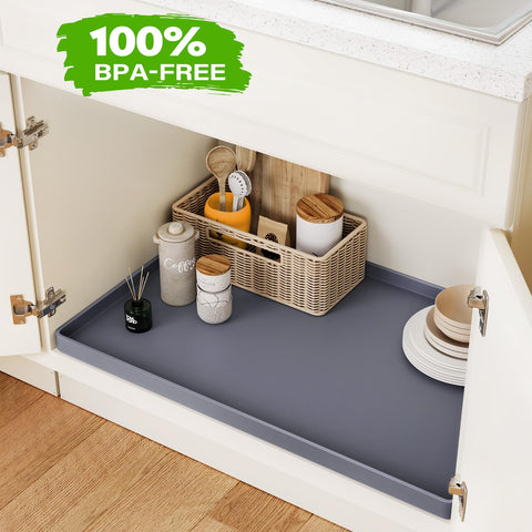 FLATO easy-clean under sink mat; wipe or rinse to remove liquids.